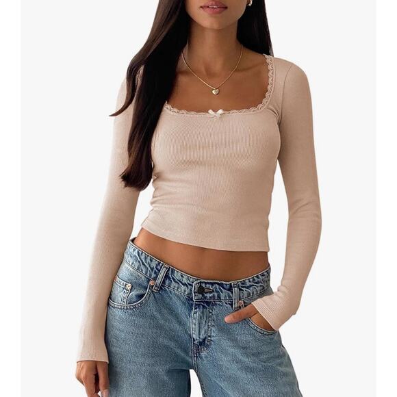 Womens Long Sleeve Crop Tops Fall Y2K Lace Square Neck Slim Fitted Size S - Picture 1 of 6